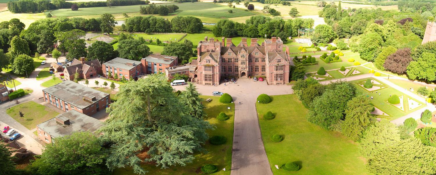 Aerial shot of Condover Hall from main drive